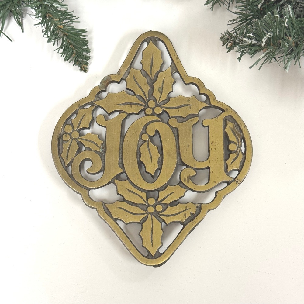 Vintage Solid Brass Joy Trivet Holly Leaf Christmas Holiday Wall Decor Sign